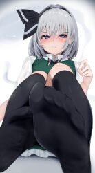  258n absurdres black_hairband black_ribbon black_thighhighs blue_eyes blush choppy_bangs closed_mouth collared_shirt feet female foot_focus foreshortening furrowed_brow ghost green_skirt green_vest hair_ribbon hairband highres konpaku_youmu konpaku_youmu_(ghost) looking_at_viewer ribbon shirt short_hair short_sleeves simple_background skirt solo thighhighs touhou vest white_background white_hair white_shirt 