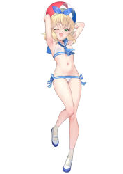  armpits arms_up ascot ball bikini blonde_hair blue_ascot blue_bikini blue_bow blue_sailor_collar bow bow_hairband breasts commentary_request female full_body green_eyes hairband hat holding holding_ball idolmaster idolmaster_cinderella_girls looking_at_viewer matanonki navel official_alternate_costume one_eye_closed open_mouth sailor_bikini sailor_collar sailor_swimsuit_(idolmaster) sakurai_momoka simple_background small_breasts smile solo standing standing_on_one_leg stomach swimsuit white_background white_bikini white_footwear 