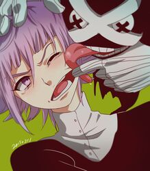  1other androgynous bad_id bad_pixiv_id crona_(soul_eater) finger_in_another&#039;s_mouth kamu_(simp3) mouth_pull purple_hair ragnarok_(demon_sword) short_hair soul_eater tears tongue tongue_out wince 