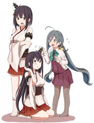  +_+ 3girls ahoge black_hair blue_hair blush bow bowtie breasts commentary_request crossed_arms detached_sleeves dress fusou_(kancolle) grey_eyes grey_hair hair_between_eyes hair_ornament highres kantai_collection kiyoshimo_(kancolle) large_breasts long_hair low_twintails multicolored_hair multiple_girls nontraditional_miko obi open_mouth pantyhose pleated_skirt red_eyes riz_(ravel_dc) sash seiza shirt short_hair sitting skirt sleeveless sleeveless_dress socks sparkle standing sweatdrop twintails very_long_hair white_shirt wide_sleeves yamashiro_(kancolle) 