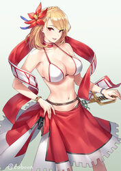  azur_lane bangle bikini blonde_hair blush bracelet braid breasts choker cleavage collarbone commentary_request crown_braid cuboon female flower hagoromo hair_flower hair_ornament halterneck hand_on_hilt jewelry large_breasts looking_at_viewer navel official_alternate_costume parted_lips prince_of_wales_(azur_lane) prince_of_wales_(sun_shining_upon_windsor)_(azur_lane) red_eyes saber_(weapon) shawl short_hair side-tie_skirt skindentation skirt smile solo stomach strap swimsuit sword twitter_username weapon 