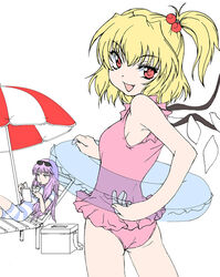  2girls blonde_hair drink eyewear_on_head flandre_scarlet long_hair matsukura_nemu multiple_girls one_side_up patchouli_knowledge short_hair swimsuit touhou wings 