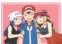  2girls absurdres angry bag bandana beanie blonde_hair blue_eyes blue_hair blush bracelet closed_eyes dawn_(pokemon) friend_zone girl_sandwich hair_ornament handbag happy hat heart highres jewelry long_hair miniskirt multiple_girls nintendo open_mouth panties pokemon pokemon_(game) pokemon_xy purse sandwiched satoshi_(pokemon) scarf serena_(pokemon) skirt small_breasts smile sweat tongue 