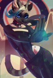  anthro black_gargoyley clothing collar digital_media_(artwork) felid femboy hi_res horn kace_(kcravenyote) leotard makeup male mammal nonbinary_(lore) shaded smile solo technology wide_hips wings 