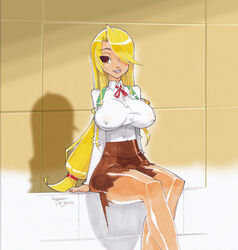  artist_name bare_legs blonde_hair breasts brown_eyes covered_nipples female hair_over_one_eye highschool_of_the_dead impossible_clothes impossible_shirt large_breasts lips long_hair low-tied_long_hair marikawa_shizuka photoshop_(medium) robert_de_jesus shirt sitting skirt solo torn_clothes torn_skirt 