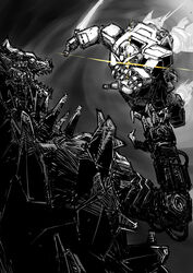  crossover energy giant_robot glowing glowing_eyes godzilla_(series) gundam kaijuu legendary_pictures mecha mechagodzilla mobile_suit_gundam monochrome no_humans ready_player_one robot rx-78-2 toho_(film_company) 