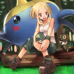  blonde_hair boots commentary_request female forest green_eyes highres nature open_mouth pokemon pokemon_(creature) pokemon_xy scatterbug shorts sitting surskit tank_top tugo viola_(pokemon) 