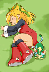  absurdres black_shirt blonde_hair blush_stickers boots breasts clenched_hand closed_eyes commentary_request dress feline female grass green_ribbons hair_ribbon highres knee_boots komagoma long_hair long_sleeves lying mega_man_(classic) mega_man_(series) on_side parted_lips ponytail red_dress red_footwear ribbon roll_(mega_man) shadow shirt sidelocks sleeping small_breasts tango_(mega_man) undershirt 