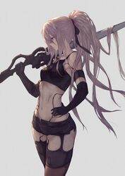  a2_(nier:automata) absurdres alternate_hairstyle android armlet bare_shoulders black_gloves black_shorts blue_eyes commentary_request elbow_gloves female from_side gloves grey_background hair_between_eyes hair_tie hand_on_own_hip high_ponytail highres holding holding_sword holding_weapon joints long_hair mole mole_under_mouth navel nier:automata nier_(series) over_shoulder robot_joints short_shorts shorts sidelocks simple_background solo standing sword sword_over_shoulder tank_top thighhighs thighs type-4o_sword weapon weapon_over_shoulder yasu_(segawahiroyasu) 