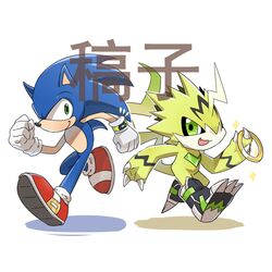  1:1 anthro bandai_namco blue_body blue_fur claws clothing crossover digimon digimon_(species) duo eulipotyphlan footwear fur green_eyes hedgehog hi_res japanese_text kcyan12 male mammal pulsemon ring running sega shoes sonic_the_hedgehog sonic_the_hedgehog_(series) text yellow_body 