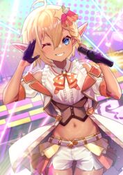  ;) alternate_costume aura_bella_fiora bare_shoulders belt black_gloves blonde_hair blue_eyes cowboy_shot dark_skin elf female frilled_shorts frills gloves highres holding holding_microphone idol idol_clothes jacket looking_at_viewer microphone midriff navel one_eye_closed orange_ribbon overlord_(maruyama) pointy_ears ribbon shiny_skin shirt shorts sleeveless smile solo stage stage_lights star_(symbol) thighs tsugu0302 white_shorts 