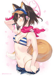  animal_ear_fluff animal_ears bikini blue_archive blush breasts brown_hair cleavage clothes_pull extra_ears female fox_ears fox_girl fox_tail halo highres izuna_(blue_archive) izuna_(swimsuit)_(blue_archive) looking_at_viewer medium_breasts navel parted_lips pink_halo red_scarf scarf short_hair shorts shorts_pull solo standing stomach string_bikini striped_bikini striped_clothes super_zombie sweat swimsuit tail translated upper_body visor_cap yellow_eyes 