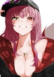  absurdres breast_press breasts cleavage female hat heterochromia highres hololive houshou_marine houshou_marine_(summer) jewelry large_breasts long_hair multicolored_eyes necklace red_eyes red_hair smile solo tarutaru_(ryousuke) upper_body virtual_youtuber yellow_eyes 