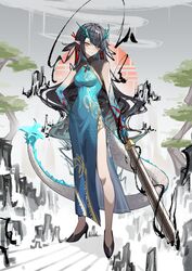  absurdres arknights bare_arms bare_legs bare_shoulders between_legs black_footwear black_hair blue_dress blue_skin breasts china_dress chinese_clothes closed_mouth colored_skin dragon_girl dragon_tail dress dusk_(arknights) dusk_(everything_is_a_miracle)_(arknights) earrings female full_body high_heels highres holding holding_sword holding_weapon horns jewelry krin_(krinnin) long_hair looking_at_viewer multicolored_hair multicolored_skin official_alternate_costume pointy_ears red_eyes skin_tight sleeveless sleeveless_dress solo streaked_hair sword tail veins very_long_hair weapon 