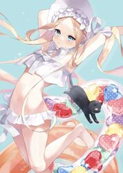  abigail_williams_(fate) abigail_williams_(swimsuit_foreigner)_(fate) abigail_williams_(swimsuit_foreigner)_(third_ascension)_(fate) absurdres armpits arms_behind_head arms_up bare_shoulders bikini black_cat blonde_hair blue_eyes blush bonnet bow breasts fate/grand_order fate_(series) feline female forehead hairbow highres innertube long_hair looking_at_viewer miniskirt misaki346 navel open_mouth parted_bangs sidelocks skirt small_breasts solo swim_ring swimsuit twintails very_long_hair white_bikini white_bow white_headwear 