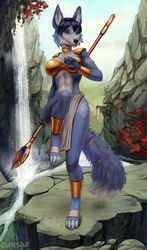  2021 absurd_res anthro blue_body blue_fur breasts canid canine clothing female fox fur goatesque gold_clothing hi_res krystal_(star_fox) mammal melee_weapon nintendo raised_leg rock scenery solo staff star_fox waterfall weapon white_body white_fur 