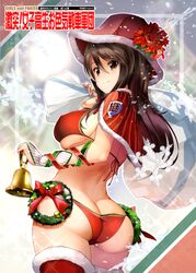  alternate_color_hat alternate_costume ass back bell bikini boots breasts bridal_gauntlets brown_eyes brown_hair capelet carrying_over_shoulder christmas circle_name closed_mouth copyright_name cowboy_shot emblem english_text female flower from_behind gekitotsu!_joshikousei_oiroke_sensha_gundan girls_und_panzer gloves hat hat_flower holding holding_sack kacchu_musume keizoku_(emblem) kiryuu_takahisa large_breasts long_hair looking_at_viewer looking_back mika_(girls_und_panzer) red_capelet red_flower red_footwear red_hat sack santa_bikini santa_boots skindentation smile snow snowflakes solo sparkle standing swimsuit thigh_boots thighhighs tulip_hat white_gloves wreath 