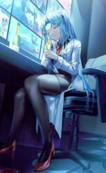  absurdres alcohol angela_(project_moon) big_bird_(project_moon) black_pantyhose blood blood_splatter blue_hair chair champagne champagne_bottle champagne_flute closed_mouth coat collared_shirt commentary cup drinking_glass employee_(project_moon) female highres holding lab_coat light_blue_hair lobotomy_corporation long_hair long_sleeves melting_love necktie nothing_there office_chair on_chair pantyhose ponytail project_moon red_footwear red_necktie screen shirt side_ponytail singing_machine skirt snow_white&#039;s_apple solo swivel_chair the_burrowing_heaven thighs tile_floor tiles white_shirt y_o_u_k_a yellow_eyes 