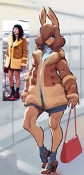  2020 5_fingers absurd_res anthro blue_eyes bottomwear brianne_(spikedmauler) brown_body brown_fur brown_hair clothed clothing coat female fingers footwear fully_clothed fur hair hair_over_eye hi_res high_heels human lagomorph leporid looking_at_viewer mammal one_eye_obstructed purse rabbit reference_image shoes signature skirt socks solo spikedmauler standing topwear turtleneck 