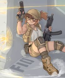  against_wall bags_under_eyes baseball_cap belt_boots black-framed_eyewear boots breasts brown_eyes brown_footwear brown_hair brown_hat brown_vest character_name collared_vest commentary crop_top cropped_shirt dust dust_cloud female fio_germi glasses glock gun h&amp;k_mp5 handgun hat highres holding holding_gun holding_weapon kelvin_hiu knee_pads machine_gun metal_slug on_ground open_clothes open_vest outdoors ponytail projectile_trail ricocheting round_eyewear shirt short_ponytail shorts sitting sleeveless sleeveless_shirt socks solo stone_wall submachine_gun sweat taking_cover tank_top toned trigger_discipline under_fire utility_vest vest waistpack wall weapon white_tank_top 