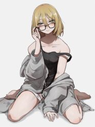  aki_(tabao) bare_shoulders black_shirt blonde_hair blue_eyes collarbone commentary feet female glasses grey_hoodie highres hood hoodie looking_back mole mole_under_eye original scar self-harm self-harm_scar shirt shorts simple_background smile solo tabao tank_top thighs white_background 