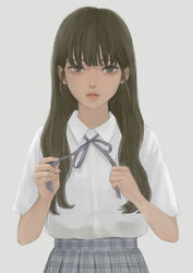  absurdres adjusting_neck_ribbon brown_hair cobachi collared_shirt commentary_request female grey_background grey_eyes hands_up highres lips long_hair looking_at_viewer neck_ribbon original plaid plaid_skirt purple_ribbon ribbon school_uniform shirt shirt_tucked_in short_sleeves simple_background skirt solo upper_body white_shirt 