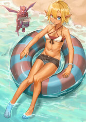  aura_bella_fiora bare_shoulders barefoot beach black_shorts blonde_hair blue_eyes candy dark_elf day elf female food food_in_mouth full_body green_eyes heterochromia highres jewelry lollipop looking_at_viewer midriff mouth_hold navel necklace outdoors overlord_(maruyama) pointy_ears shiny_skin short_hair shorts solo swimsuit tsugu0302 