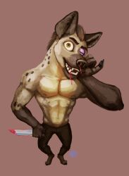  absurd_res anthro blood blood_on_hand bodily_fluids dungeons_and_dragons forced_perspective gnoll gnut hasbro hi_res hyena knife male mammal nosebleed solo thief weirdmarks wizards_of_the_coast 