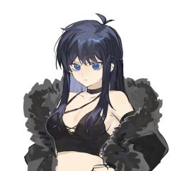  antenna_hair black_choker black_jacket blue_eyes blue_hair blue_lock braid breasts chinese_commentary choker cleavage closed_mouth commentary_request crop_top dark_blue_hair earclip female fur-trimmed_jacket fur_trim genderswap_(mtf) hand_on_own_hip highres isagi_yoichi jacket long_hair long_sleeves m-pingguosuan medium_breasts rule_63 simple_background solo upper_body v-shaped_eyebrows white_background 