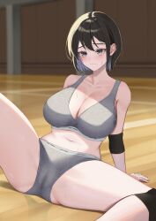  bandaged_fingers bandages breasts brown_hair buruma cleavage collarbone female grey_buruma grey_eyes grey_sports_bra highres large_breasts midriff navel original ramachiru shirt short_hair sitting solo sports_bra wooden_floor 