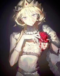  blonde_hair blood blood_on_hands broken_crown chinese_commentary commentary_request female flat_chest flower gloves hair_between_eyes highres holding holding_flower iuew long_bangs long_hair original pink_hair red_flower red_rose rose shirt sleeveless sleeveless_shirt solo upper_body white_gloves white_shirt 