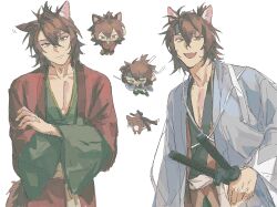  1boy animal_ear_fluff animal_ears animalization black_headband brown_hair cat_boy cat_ears chinese_commentary closed_mouth coat commentary fangs feline film_grain green_eyes grey_coat hakuouki_shinsengumi_kitan headband highres holding holding_sword holding_weapon iuew japanese_clothes kimono long_sleeves male_focus multiple_views okita_souji_(hakuouki) open_clothes open_coat open_mouth red_kimono simple_background smile sword weapon white_background wide_sleeves 