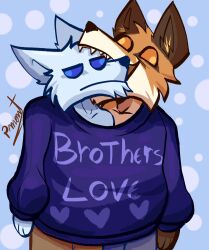  anthro arctic_fox bite brother_(lore) brothers_(lore) canid canine canis clothed clothing duo duo_focus epic_games fangs fennix_(fortnite) fortnite fox fur group heart_symbol hi_res male mammal orange_body orange_fur pinumontbalou red_fox sibling_(lore) sweater sweater_vest teeth topwear true_fox vest volpez_(fortnite) white_body white_fur 