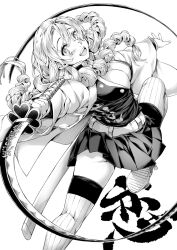  ass_peek blush braid breasts cleavage commentary_request female greyscale highres holding holding_sword holding_weapon kanroji_mitsuri kimetsu_no_yaiba large_breasts leg_up long_hair looking_at_viewer mole mole_under_each_eye mole_under_eye monochrome multiple_moles nagayori open_mouth skirt smile solo sword thighhighs weapon whip_sword 