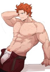  1boy abs absurdres arm_behind_head arm_hair arm_support arm_up bara bare_shoulders belt biceps black_belt bulge chest_hair closed_mouth commentary dated english_commentary fire_emblem fire_emblem:_three_houses groin highres looking_ahead male_focus male_underwear navel nipples open_pants orange_hair pants pectorals red_pants satodee signature simple_background sitting smile solo sylvain_jose_gautier table topless_male twitter_username underwear white_background white_male_underwear 