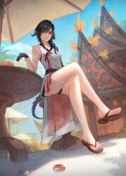  angel_(halfheartxi) au_ra black_hair black_panties blue_sky crab crossed_legs cup dragon_girl dragon_horns dragon_tail drink female final_fantasy final_fantasy_xiv food fruit geta glass gloves hair_ornament highres holding holding_cup horns house japanese_clothes orange_(fruit) palm_tree panties pantyshot partially_fingerless_gloves red_eyes red_ribbon ribbon sand sandals shirt sitting sky sleeveless sleeveless_shirt solo stool table tail tree umbrella underwear v-neck warrior_of_light_(ff14) 