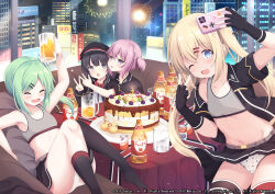  4girls :d ;d ^_^ aerial_fireworks alcohol arm_up asymmetrical_legwear azur_lane bare_arms bare_shoulders beer beer_mug black_gloves black_hair black_skirt black_socks black_thighhighs blonde_hair blue_eyes blush bottle bow bowtie bra breasts cake cellphone cityscape closed_eyes collarbone commentary_request cup fingerless_gloves fireworks food german_flag gloves green_hair grey_bra grey_eyes hair_between_eyes hair_ornament hairclip highres holding holding_cup holding_phone indoors jacket long_hair mug multiple_girls navel night oerba_yun_fang official_art one_eye_closed open_clothes open_jacket panties phone pink_hair pleated_skirt purple_eyes red_bow red_bowtie sakuraba_hikaru_(loveindog) selfie shirt short_sleeves short_twintails skirt sleeves_past_wrists small_breasts smile socks star_panties thighhighs twintails underwear v very_long_hair white_panties white_shirt z18_(azur_lane) z19_hermann_kunne_(azur_lane) z20_karl_galster_(azur_lane) z21_(azur_lane) 