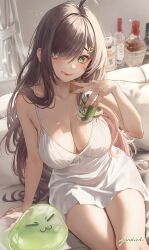  :q absurdres ahoge alternate_costume bare_shoulders beer_can breasts brown_hair can chemise cleavage closed_mouth commission couch drink_can female front-tie_top green_eyes green_nails hair_ornament hairclip highres holding indie_virtual_youtuber junkichi_gbf large_breasts long_hair looking_at_viewer miori_celesta mogu_(miori_celesta) nail_polish shirt sitting skeb_commission sleeveless sleeveless_shirt smile solo spaghetti_strap thighs tongue tongue_out very_long_hair virtual_youtuber white_chemise white_shirt 