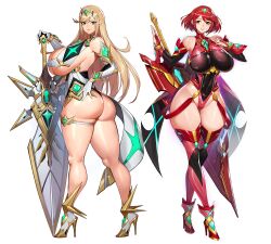  2girls aegis_sword_(xenoblade) ass bare_shoulders blonde_hair blush breasts chest_jewel cleavage cleavage_cutout clothing_cutout core_crystal_(xenoblade) dress earrings floating_earring gem gloves gurimjang headpiece highres huge_ass huge_breasts impossible_clothes jewelry large_breasts long_hair looking_at_viewer microdress multiple_girls mythra_(xenoblade) pyra_(xenoblade) red_eyes red_hair red_shorts short_hair shorts smile swept_bangs thighhighs tiara very_long_hair wide_hips xenoblade_chronicles_(series) xenoblade_chronicles_2 yellow_eyes 