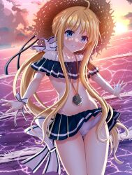  bare_shoulders bikini bikini_skirt blonde_hair blue_eyes blush eiyuu_densetsu female frilled_bikini frills hat helvetica_std highres jewelry long_hair looking_at_viewer navel ocean pendant ponytail ribbon ring sen_no_kiseki_(series) smile solo sun_hat sunset swimsuit tita_russell white_bikini white_ribbon 