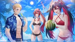  1boy 3girls abs absurdres bikini black_bikini blonde_hair blue_eyes blue_shirt closed_mouth colored_inner_hair eyewear_on_head hair_between_eyes highres lee_(punishing:_gray_raven) long_hair lucia_(punishing:_gray_raven) multicolored_hair multiple_girls nanami_(punishing:_gray_raven) navel one_eye_closed open_clothes open_mouth open_shirt ponytail punishing:_gray_raven rapen01 red_bikini red_eyes red_hair shirt short_hair short_sleeves sidelocks streaked_hair sunglasses swimsuit teeth upper_teeth_only vera_(punishing:_gray_raven) wet 