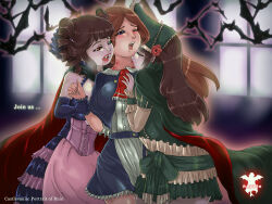  3girls artist_name ascot bat_(animal) bite_mark bite_mark_on_neck biting biting_neck blood blue_capelet blue_eyes bonnet brown_hair capelet castlevania:_portrait_of_ruin castlevania_(series) charlotte_aulin closed_eyes dress fangs flower frilled_dress frills green_eyes hat hat_flower hayatovampiress heterochromia long_hair loretta_lecarde multiple_girls one_eye_closed red_ascot red_eyes signature skirt stella_lecarde two-tone_dress vampire window yuri 