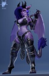  blue_background bottomwear breasts choker cleavage clothed clothing dark_theme dragon ear_piercing hair hi_res jewelry loincloth melee_weapon membrane_(anatomy) membranous_wings mythological_creature mythological_scalie mythology necklace obsidiana_(rinny) piercing purple_body purple_hair purple_scales rinny scales scalie simple_background solo sword weapon wings 