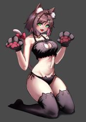  absurdres alternate_costume animal_ear_fluff animal_ear_legwear animal_ears animal_hands bare_arms bare_shoulders bell black_bra black_choker black_panties black_thighhighs bra breasts brown_hair cat_cutout cat_ear_legwear cat_ear_panties cat_ears cat_girl cat_lingerie cat_tail choker cleavage cleavage_cutout clothing_cutout commentary fangs female frilled_bra frills gloves green_eyes grey_background hair_ornament hairclip halterneck hands_up highres indie_virtual_youtuber jingle_bell kemonomimi_mode kneeling large_breasts looking_at_viewer meme_attire miori_celesta navel no_shoes open_mouth panties paw_gloves ryushi short_hair side-tie_panties simple_background smile solo stomach string_panties tail thighhighs thighs underwear virtual_youtuber 