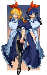  2girls alternate_costume apron blonde_hair blue_eyes blue_hair commentary curly_hair dragon_ball dragon_ball_(classic) dress dual_persona frilled_apron frills green_eyes gun hair_ribbon hairband holding holding_weapon long_hair lunch_(bad)_(dragon_ball) lunch_(dragon_ball) lunch_(good)_(dragon_ball) maid maid_apron multiple_girls nanika_(nnkgh) pantyhose puffy_short_sleeves puffy_sleeves red_hairband ribbon shoes short_sleeves submachine_gun torn_clothes weapon white_apron 