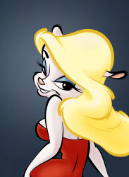  animaniacs anthro ass bedroom_eyes big_breasts big_butt blonde_hair breasts cleavage clothed clothing dress female fur hair hand_on_hip hi_res long_hair looking_at_viewer looking_back looking_back_at_viewer mammal minerva_mink mink mustelid musteline narrowed_eyes red_clothing red_dress seductive smile smiling_at_viewer solo stanmort true_musteline warner_brothers white_body white_fur wide_hips 