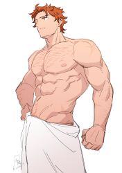  1boy abs absurdres arm_hair chest_hair clenched_hand closed_eyes collarbone commentary english_commentary fire_emblem fire_emblem:_three_houses groin hand_on_own_hip highres hip_bones looking_ahead male_focus muscular muscular_male naked_towel nipples orange_hair pectorals satodee signature simple_background solo sylvain_jose_gautier towel white_background white_towel 