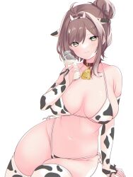  ahoge alternate_costume ama_natsuko animal_ears animal_print armpit_crease bare_shoulders bell bikini bottle breasts bridal_gauntlets brown_hair choker cleavage closed_mouth commission cow_ears cow_horns cow_print cow_print_bikini cow_print_thighhighs cowbell fake_animal_ears fake_horns female green_eyes hair_bun hair_ornament hairband hairclip halterneck hand_up highleg highleg_bikini holding holding_bottle horns indie_virtual_youtuber large_breasts long_hair looking_at_viewer milk_bottle miori_celesta navel print_bikini print_thighhighs red_choker side-tie_bikini_bottom sidelocks sitting skeb_commission skindentation smile solo stomach string_bikini swimsuit thighhighs thighs virtual_youtuber white_bikini white_thighhighs yokozuwari 