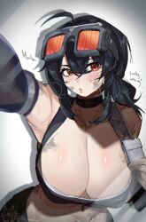  ahoge artist_name black_choker black_hair blush breasts choker collarbone crop_top english_commentary english_text eyewear_on_head feiyuu female foreshortening gloves goggles goggles_on_head grace_howard gradient_background hair_between_eyes highres looking_at_viewer low_ponytail medium_hair midriff navel orange_eyes redrawn sidelocks simple_background solo sports_bra sweat twitter_username upper_body white_gloves zenless_zone_zero 