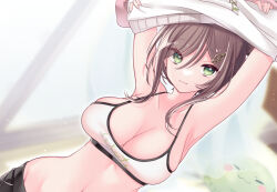  :3 ama_natsuko armpits arms_up bare_shoulders black_shorts blurry blurry_background breasts brown_hair camisole cleavage closed_mouth collarbone commission crop_top dutch_angle female green_eyes hair_bun hair_ornament hairclip hood hoodie indie_virtual_youtuber large_breasts long_hair looking_at_viewer midriff miori_celesta miori_celesta_(6th_costume) mogu_(miori_celesta) navel official_alternate_costume shirt shorts skeb_commission sleeveless sleeveless_shirt smile solo spaghetti_strap stomach undressing upper_body virtual_youtuber white_hoodie white_shirt 